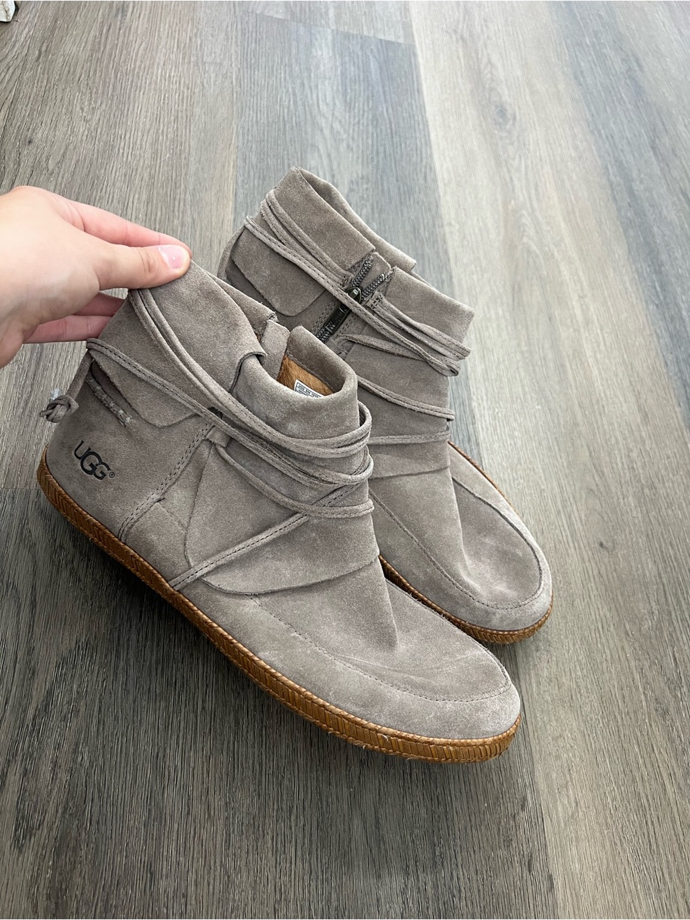 UGG Taupe Suede Ankle Booties with Wrapped Laces